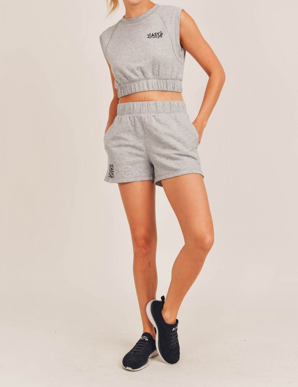 Sleeveless 2EasyFitness Cinched Cropped Top with Matching Cinched Shorts with Pockets